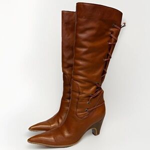 Dries Van Noten Vintage Lace-Up Knee-High Lago Camel Women 7 Leather Boots #5570